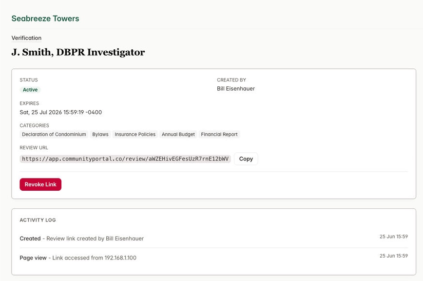 A reviewer link shared with a DBPR investigator: scoped categories, a shareable URL, and an access activity log
